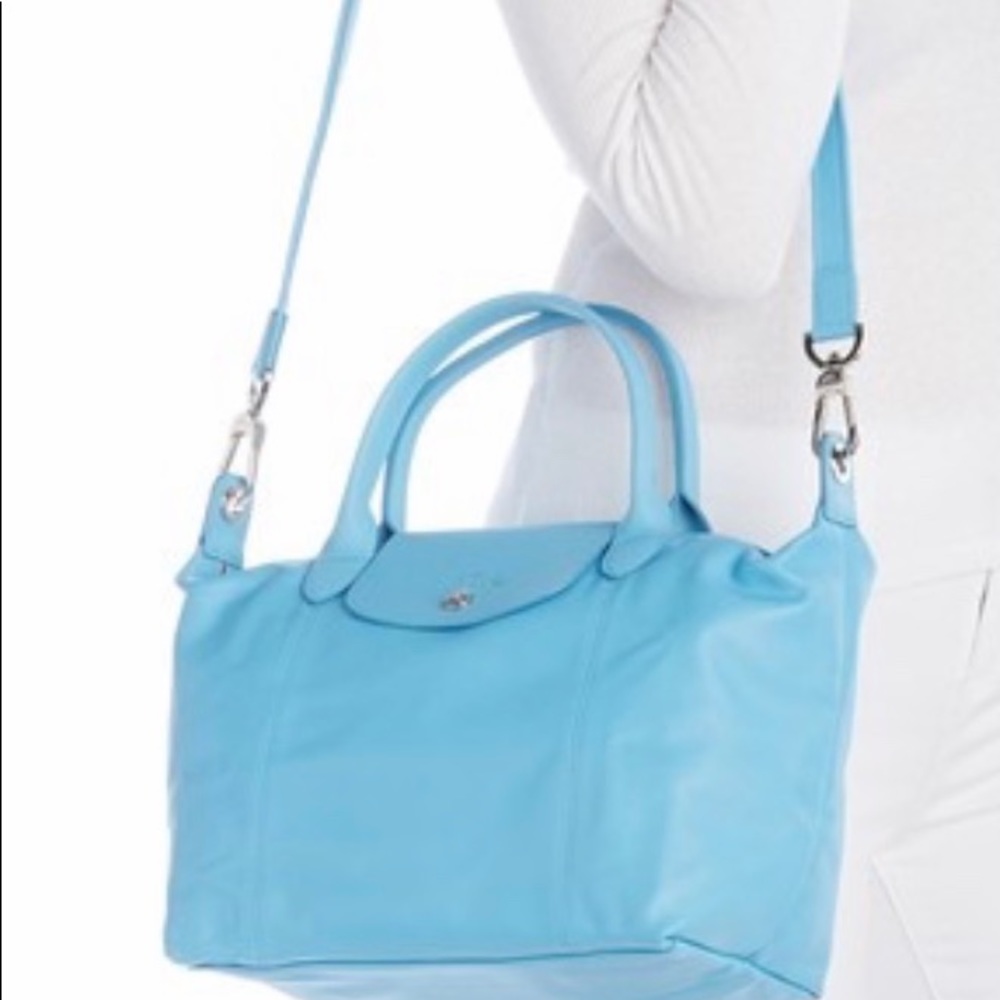 LONGCHAMP Le Pliage Blue Leather 2way Logo Tote
